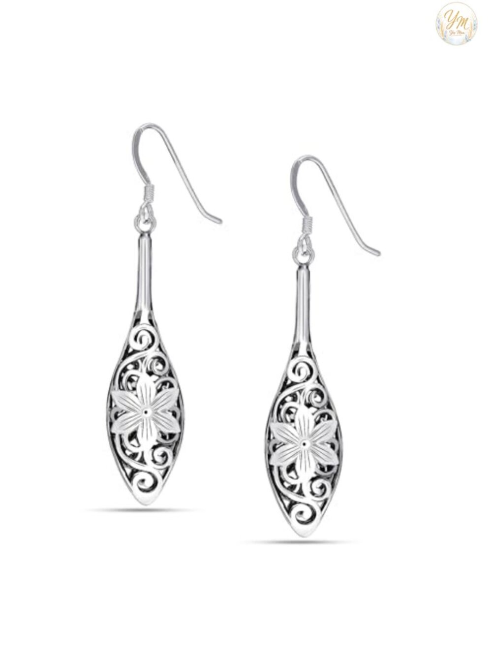 925 Sterling Silver Filigree Dangle Drop Earrings - 2 Inch Teardrop